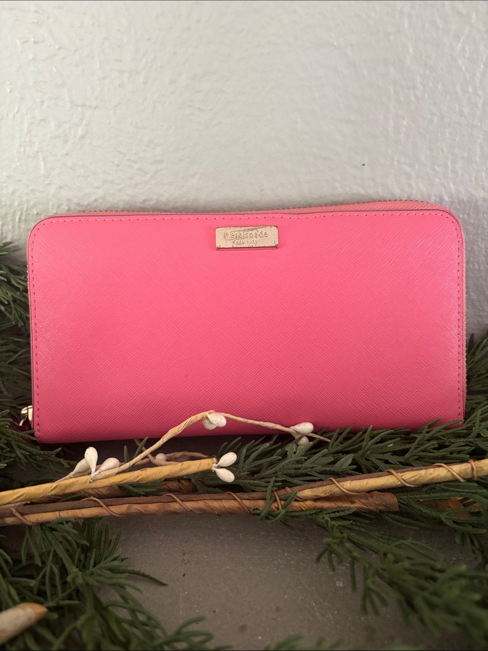 kate spade bright pink zip-around Saffiano wallet